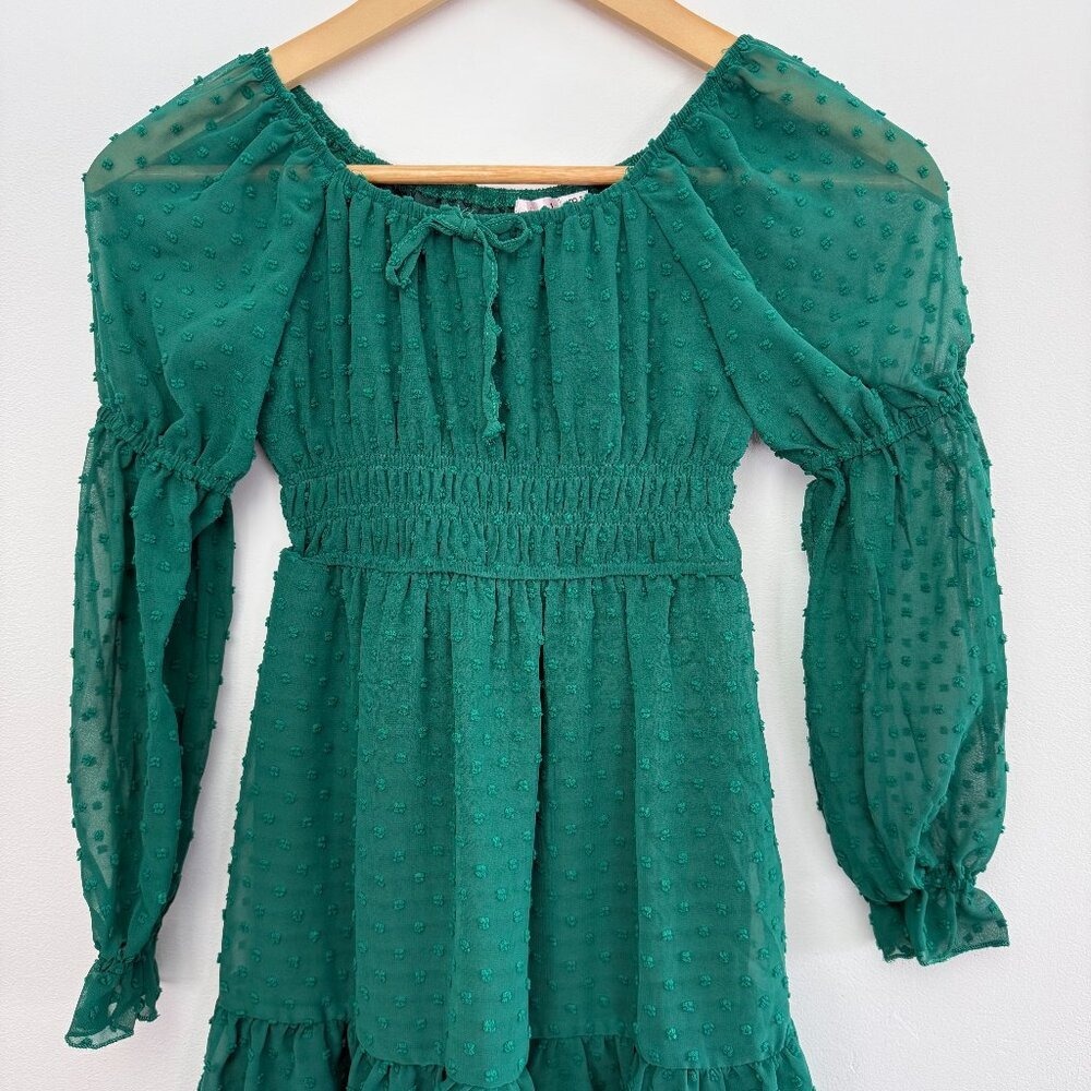 NWT Green Swiss Dot Mesh Long-Sleeve Tiered Puff Sleeve Mini Dress Girls Size 8